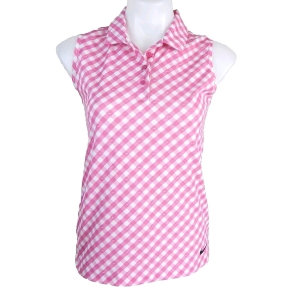 Nike Dri Fit Victory Sleeveless Polo Pink Gingham - Picture 2 of 4
